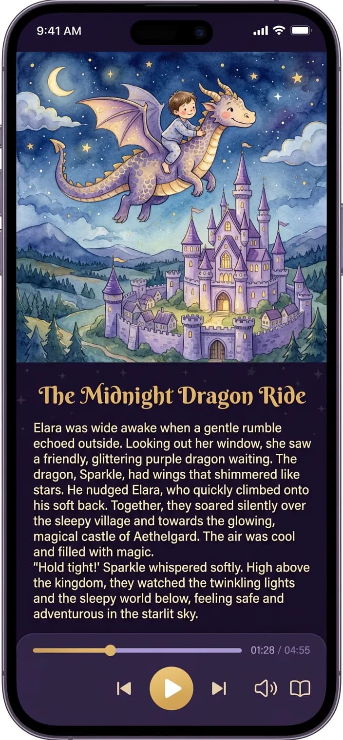 DozyTales story view showing a personalized bedtime story with illustrations